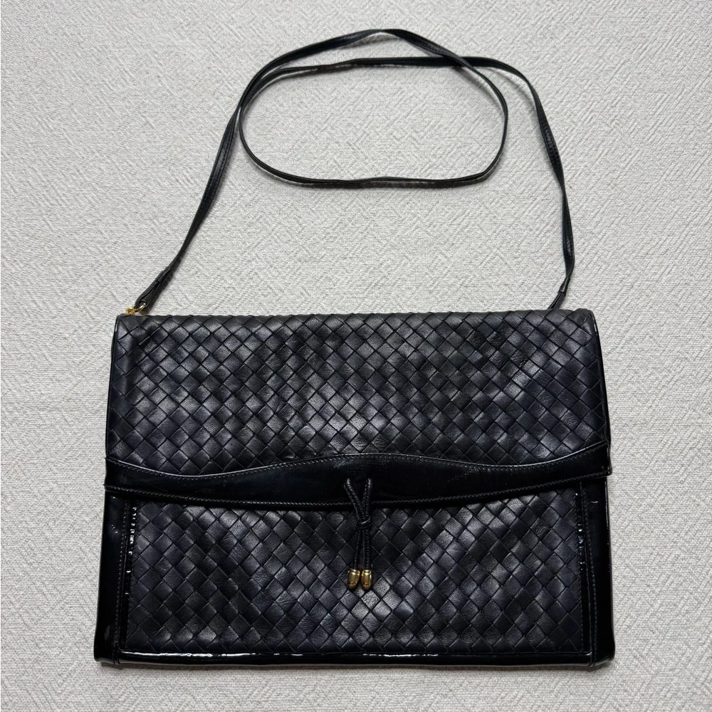 VTG Walter Katten Black Leather Intrecciato Woven Shoulder Bag Clutch Patent - Picture 2 of 11